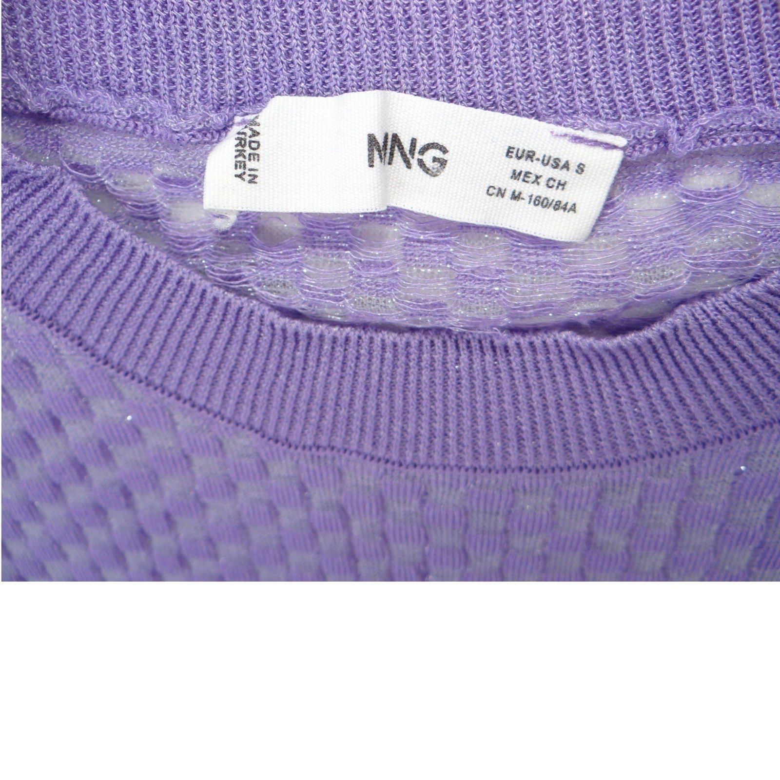 MNG MANGO Lavender Textured Knit Long Sleeve Sweater Top Sheer Sparkle Size S