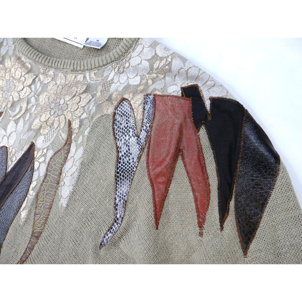 Vintage Unique Maurada Embellished Sweater Beige Knit Dolman Sleeve Women's M