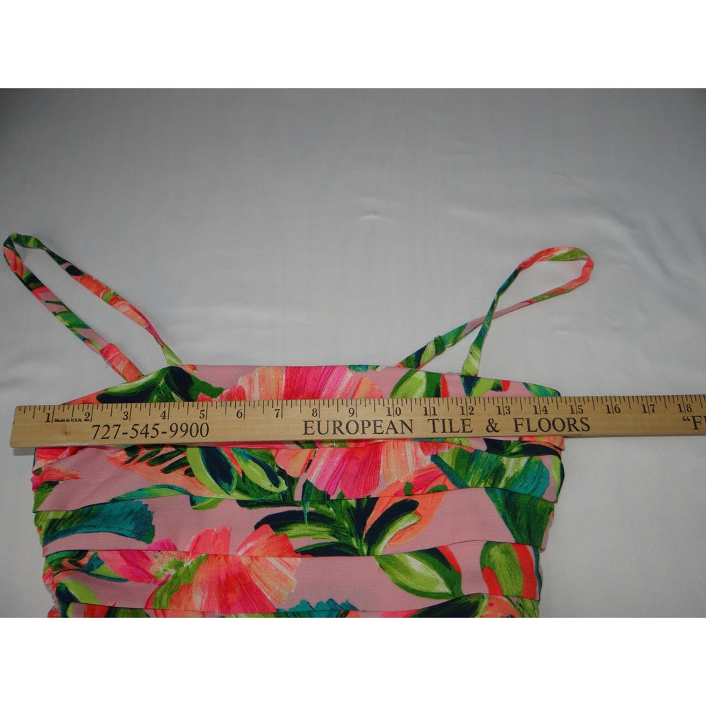 Kensie Womens Pink Tropical Floral Hibiscus Smocked Midi Dress Size 2