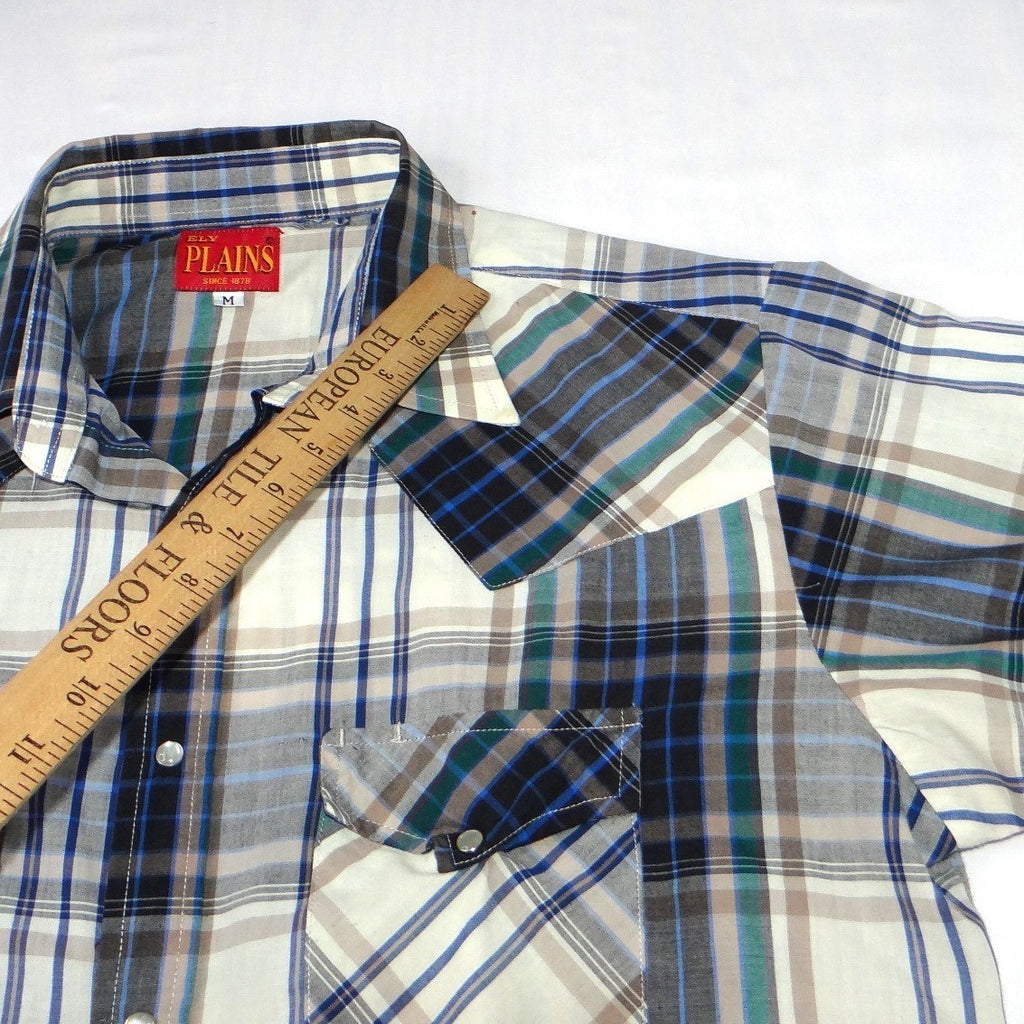 ELY PLAINS Mens Plaid Western Shirt Short Sleeve Pearl Snap Size M