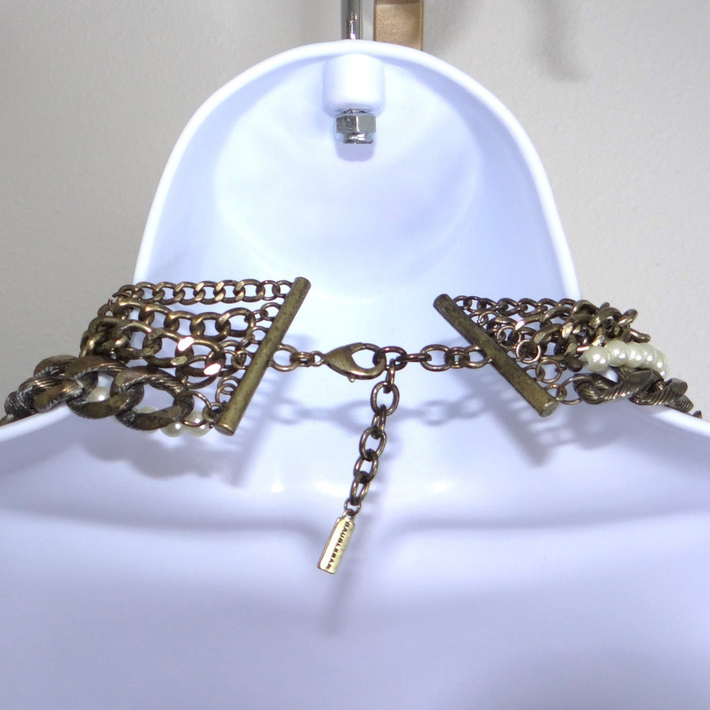 VTG BaubleBar Multi Strand Bib Necklace Faux Pearl Antique Brass Tone Statement