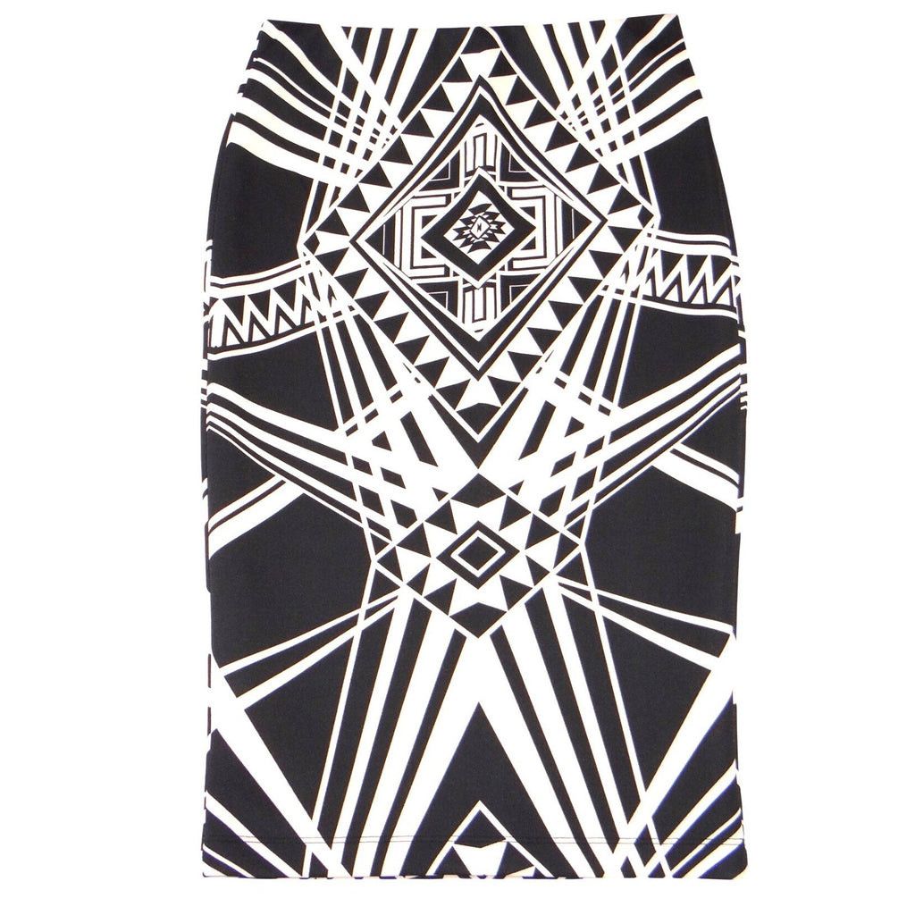 By & By Womens Black Cream Geometric Tribal Print Midi Pencil Skirt Size M
