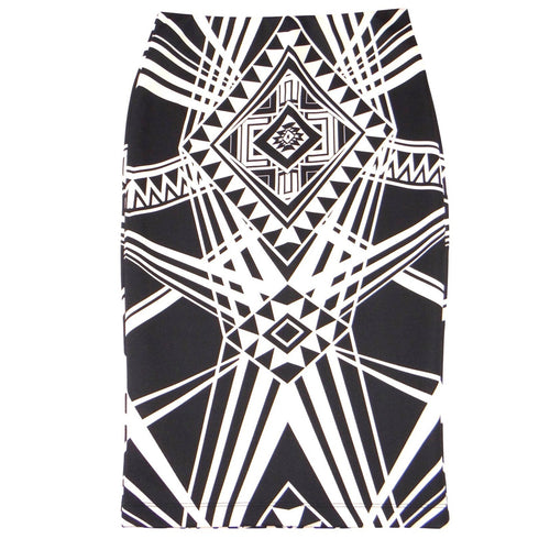By & By Womens Black Cream Geometric Tribal Print Midi Pencil Skirt Size M