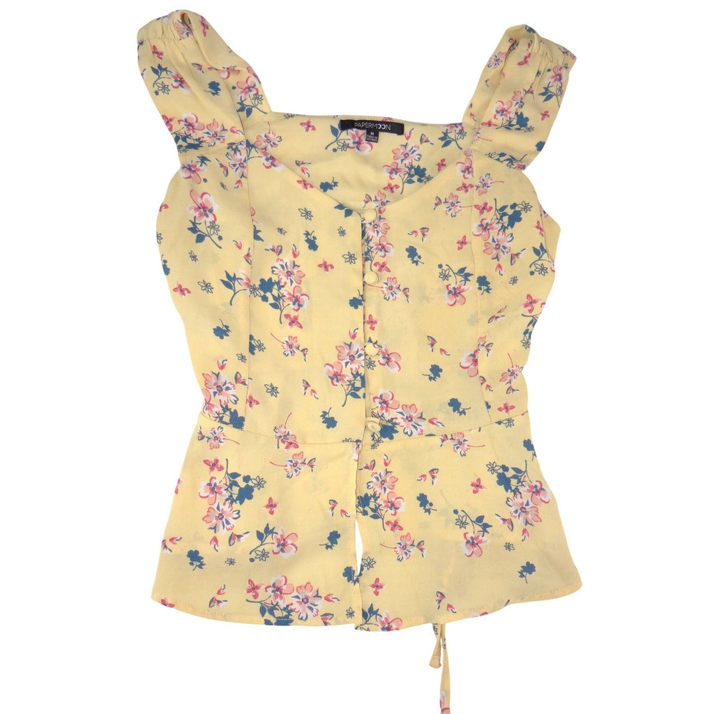 Papermoon Yellow Floral Peplum Blouse Sweetheart Neck Button Front Sleeveless M