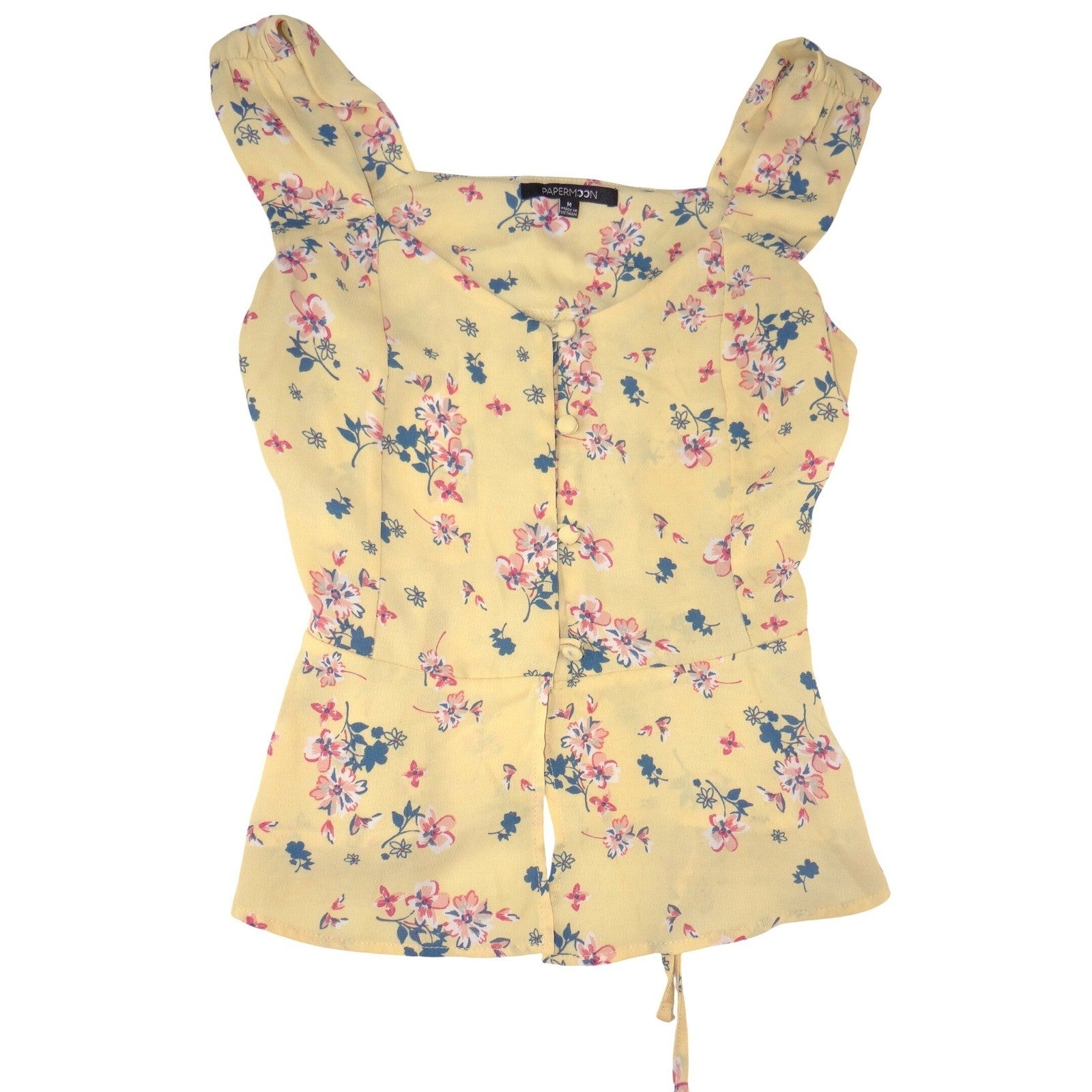 Papermoon Yellow Floral Peplum Blouse Sweetheart Neck Button Front Sleeveless M