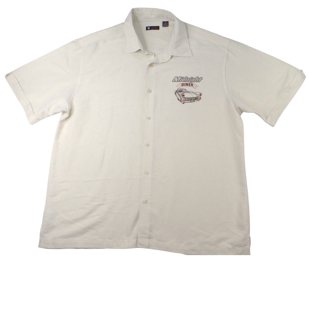 Centro Mens XL Short Sleeve Button Up Shirt Cream Midnight Diner Car Embroidered
