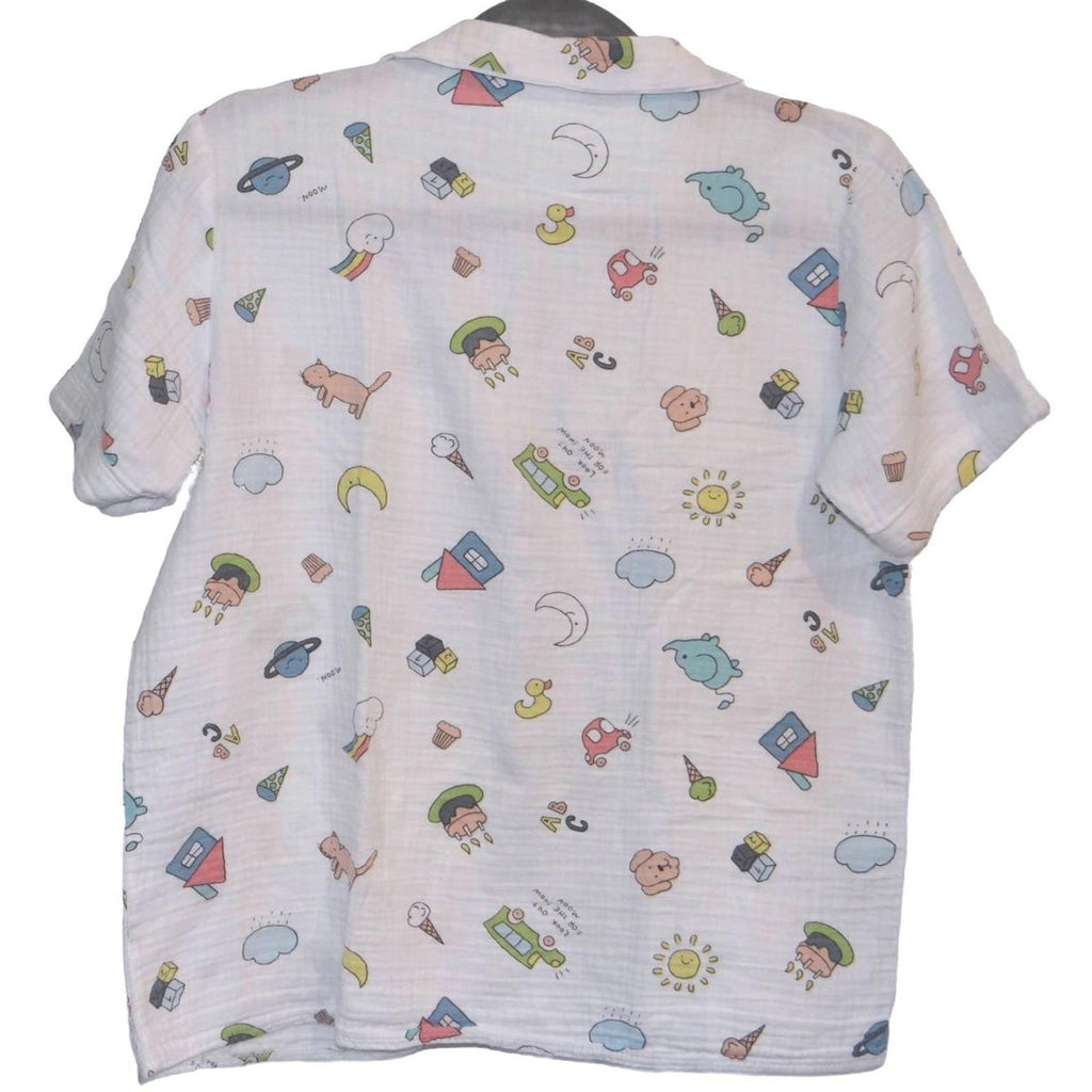 UNIQUE Clovie Cartoon Print Short Sleeve Muslin Shirt