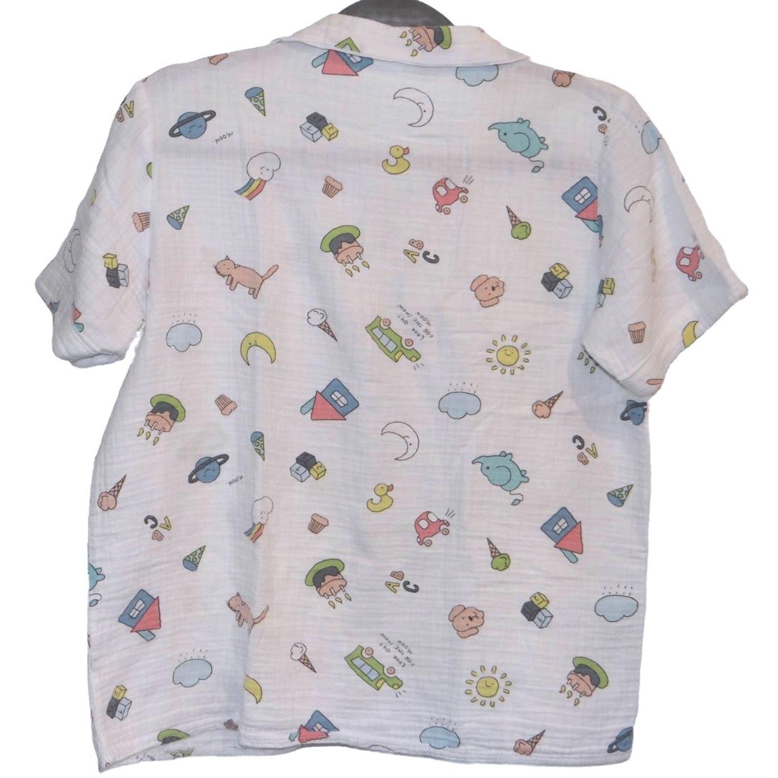 UNIQUE Clovie Cartoon Print Short Sleeve Muslin Shirt