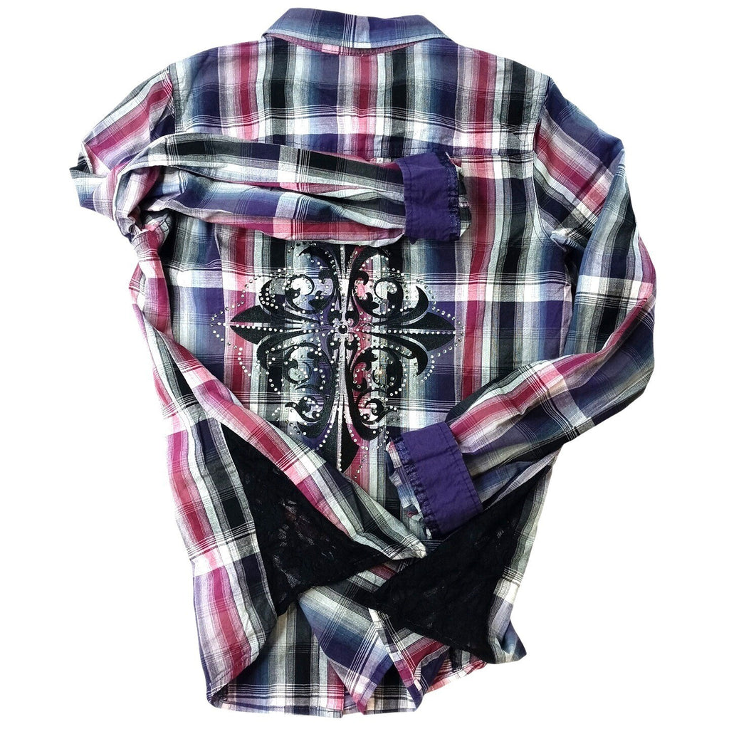 Y2K Maurice's Plaid Shirt Rhinestone Embellished Lace Western Style Women's Med