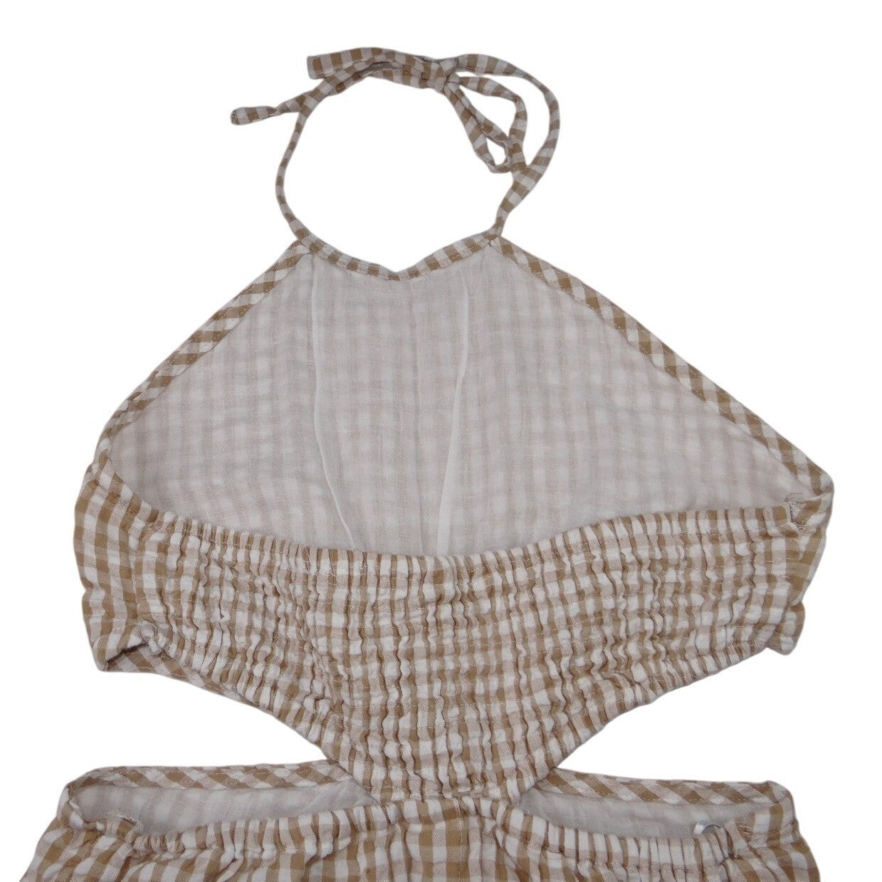 Tan White Gingham Halter Cutout Ring Detail Mini Dress