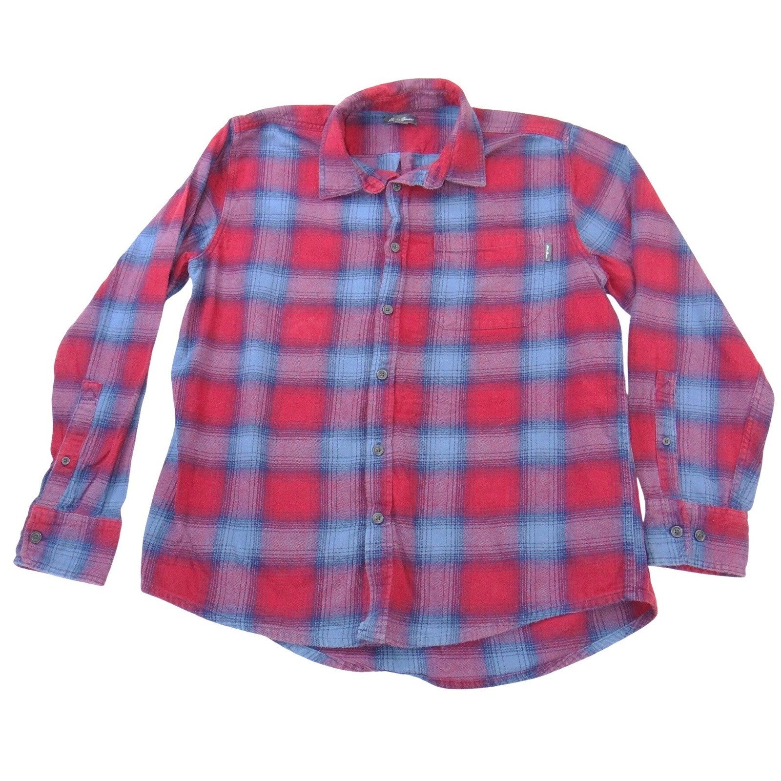 Eddie Bauer Mens Large Red Blue Plaid Flannel Button Down Shirt Long Sleeve