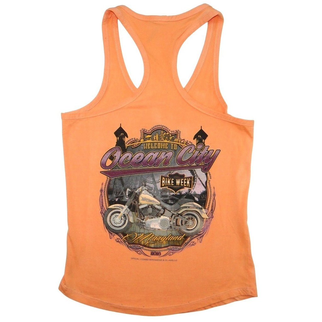 Ocean City Bike Week 2018 Orange Tank Top Women's Large Racerback Graphic Tee
