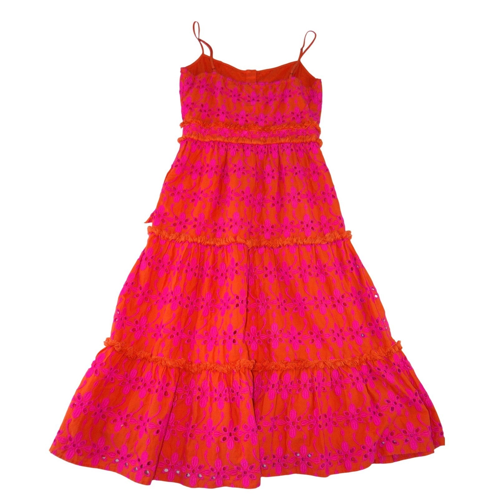 J.Crew Orange Pink Floral Eyelet Tiered Midi Dress Button Front Womens Size 0