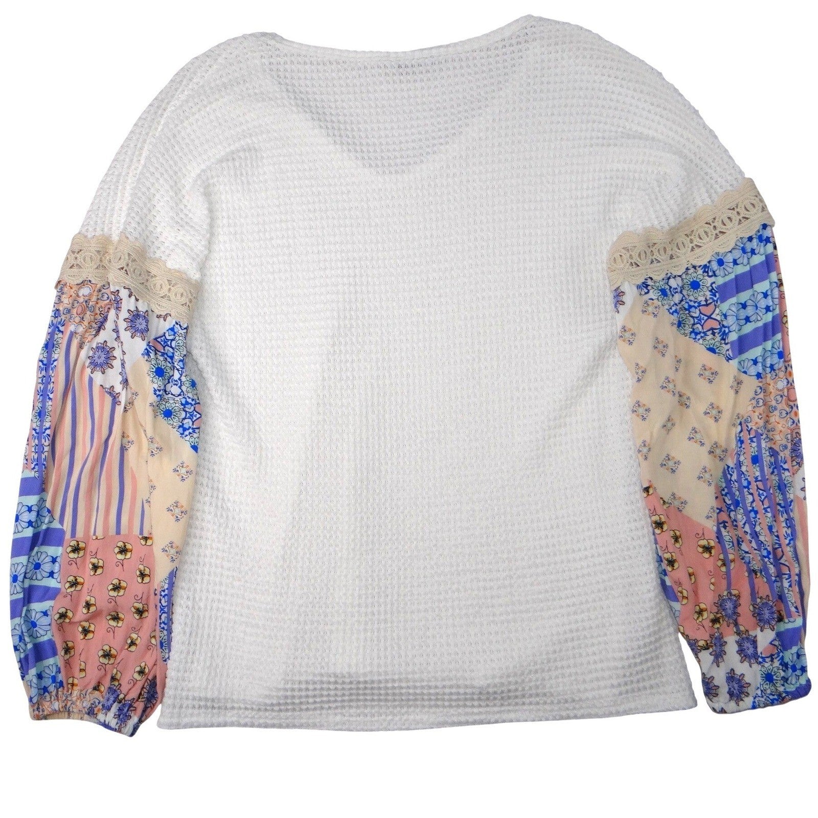 TRESICS White Waffle Knit Crochet Lace Patchwork Sleeve Sweater Women