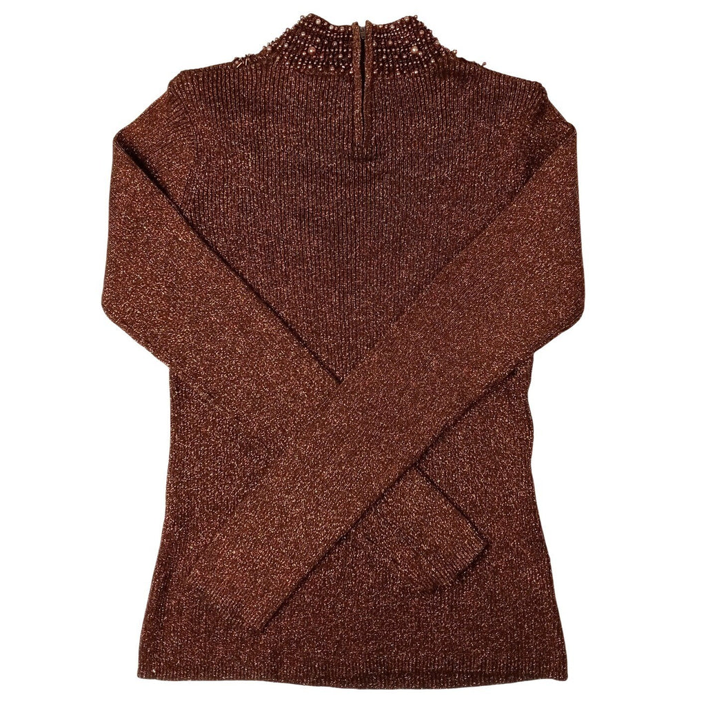 23rd Street Brown Metallic Beaded Mock Neck Long Sleeve Sweater Top Women's Med