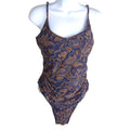 Womens Blue Gold Floral Paisley Ruched One Piece Swimsuit Open Back Keyhole L