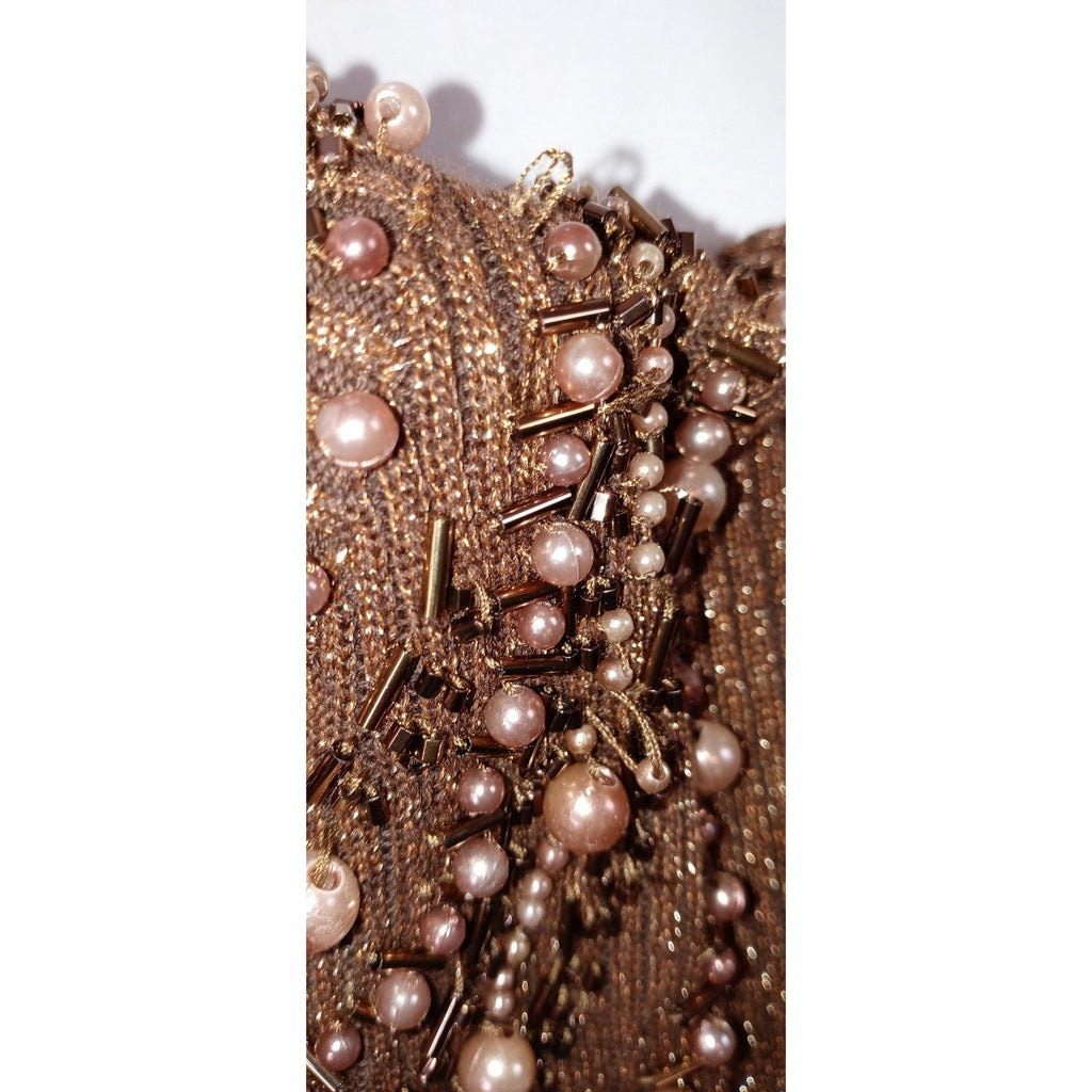 23rd Street Brown Metallic Beaded Mock Neck Long Sleeve Sweater Top Women's Med