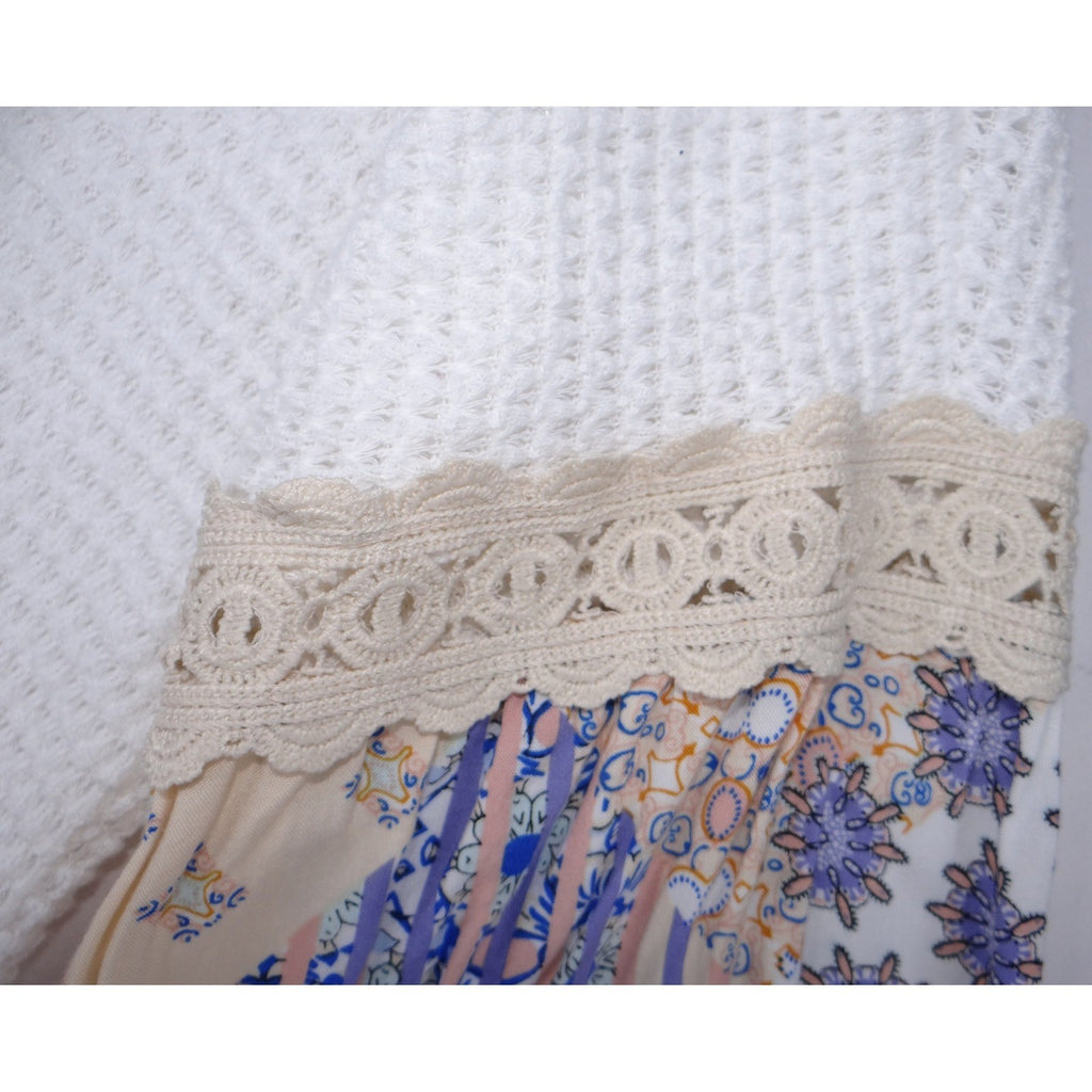 TRESICS White Waffle Knit Crochet Lace Patchwork Sleeve Sweater Women