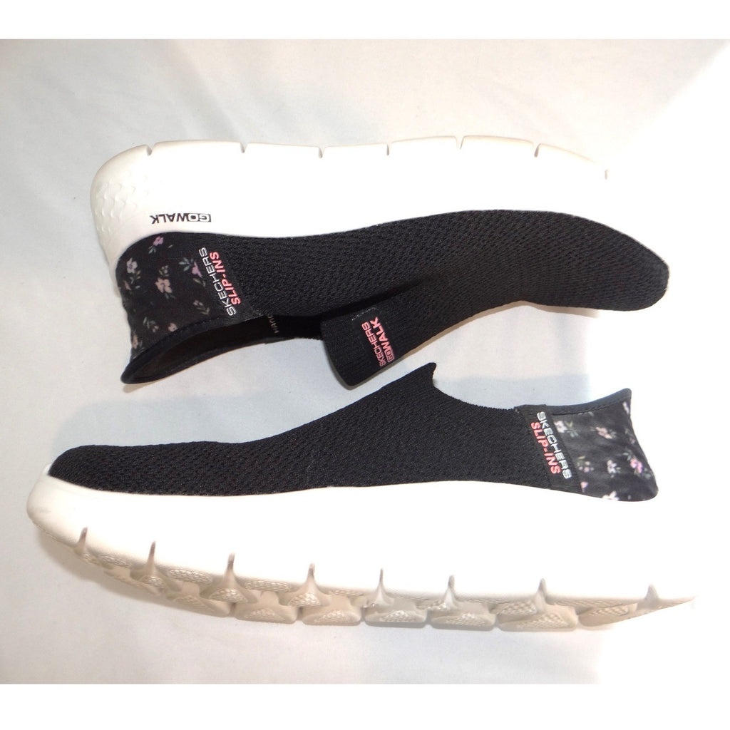Skechers Womens Go Walk Slip-ins Black Floral Walking Shoes Size 8