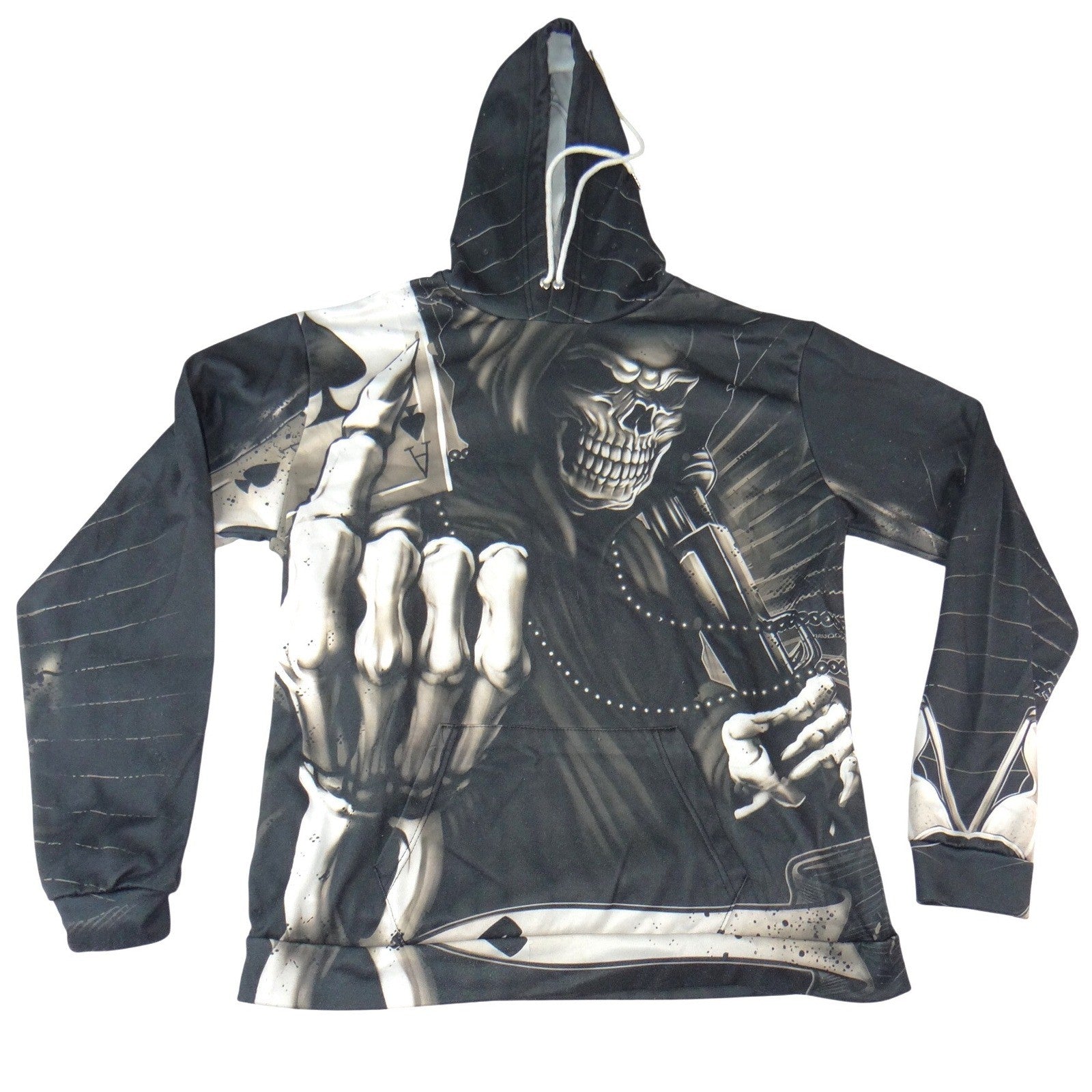 Grim Reaper Middle Finger Graphic Hoodie Black White Skull 3XL