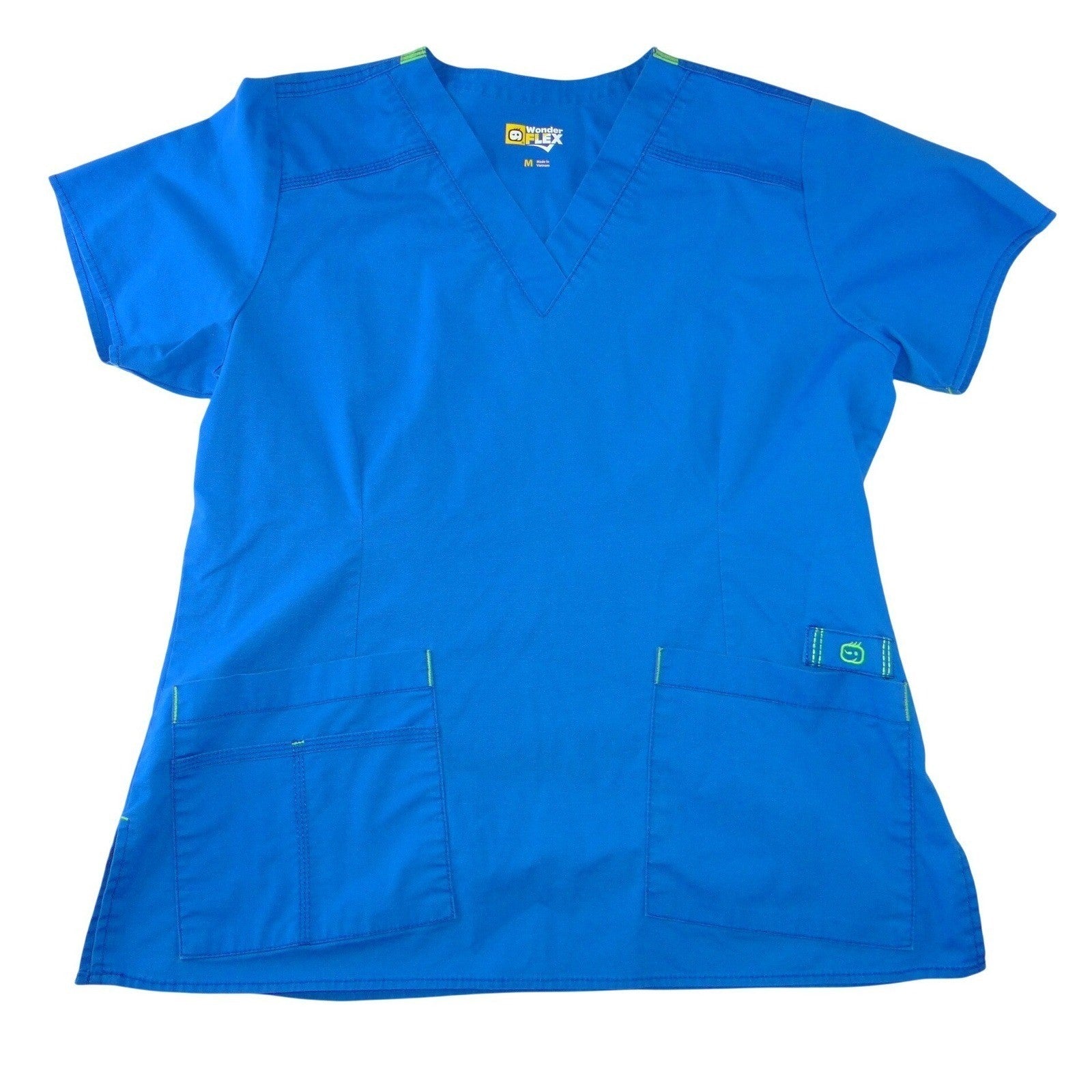 WonderWink WonderFlex Womens Blue V-Neck Scrub Top Short Sleeve Medium 0168