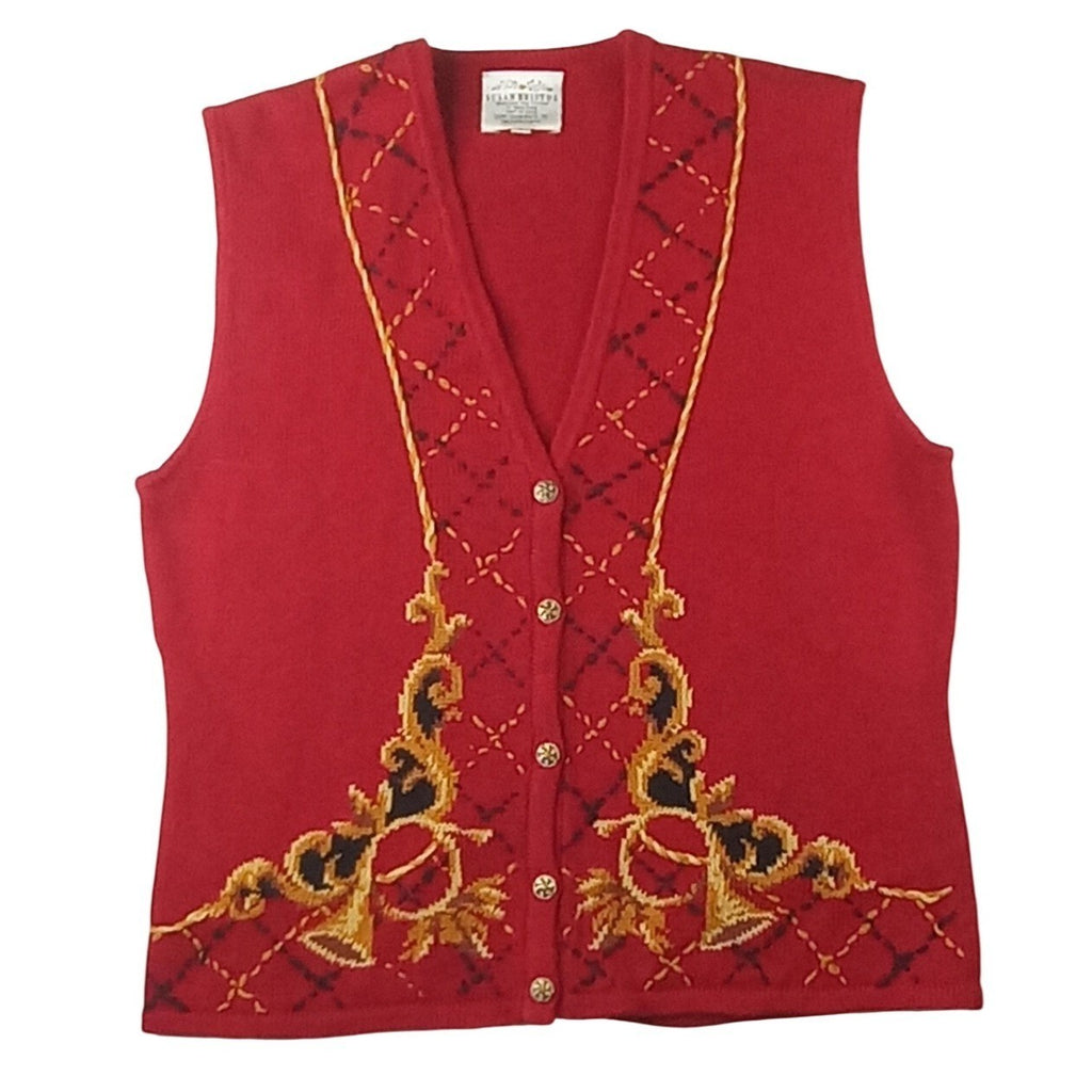 Vintage Susan Bristol Red Embroidered V Neck Button Sleeveless Vest Femme L