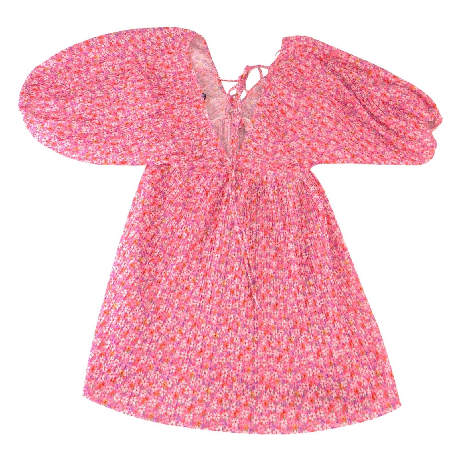 Zara Pink Floral Pleated Puff Sleeve Mini Dress V-Neck Tie Back Small