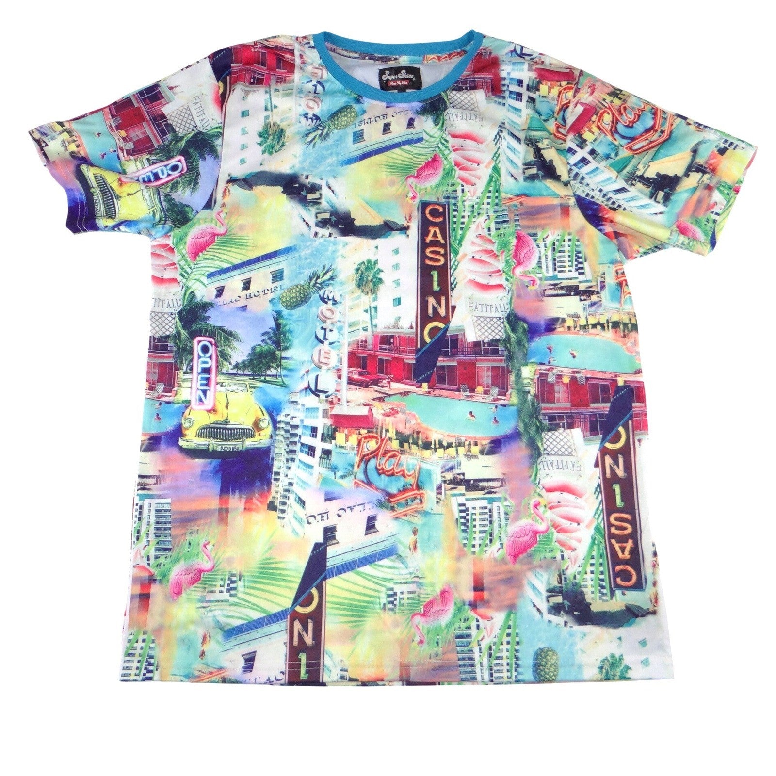 Super Shine Prints By Drill Mens Large Retro Vegas Miami All Over Print T-Shirt