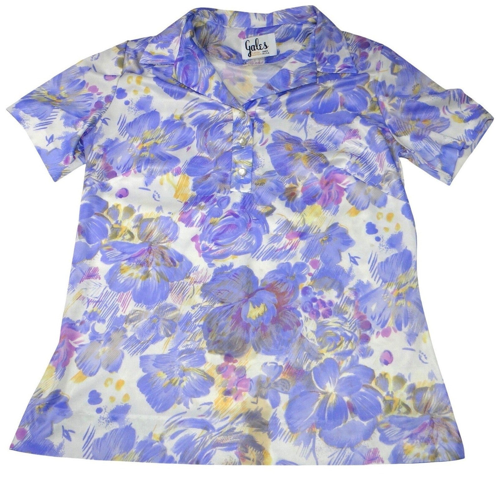 Vintage Gales Womens Floral Print Short Sleeve Collared Button Up Shirt Top