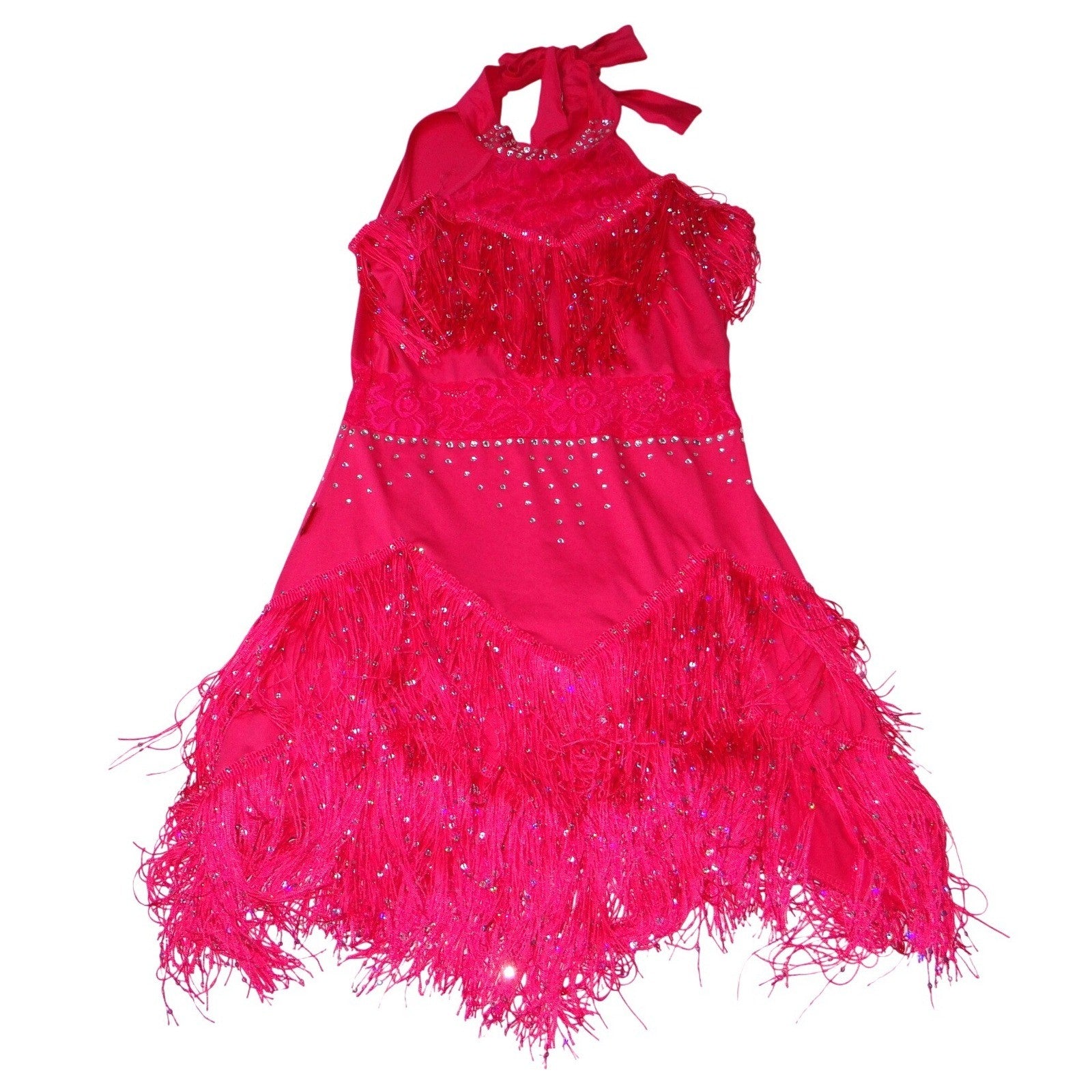 Hot Pink Sequins Fringe Halter Dance Dress Costume with Arm Fringe Bands
