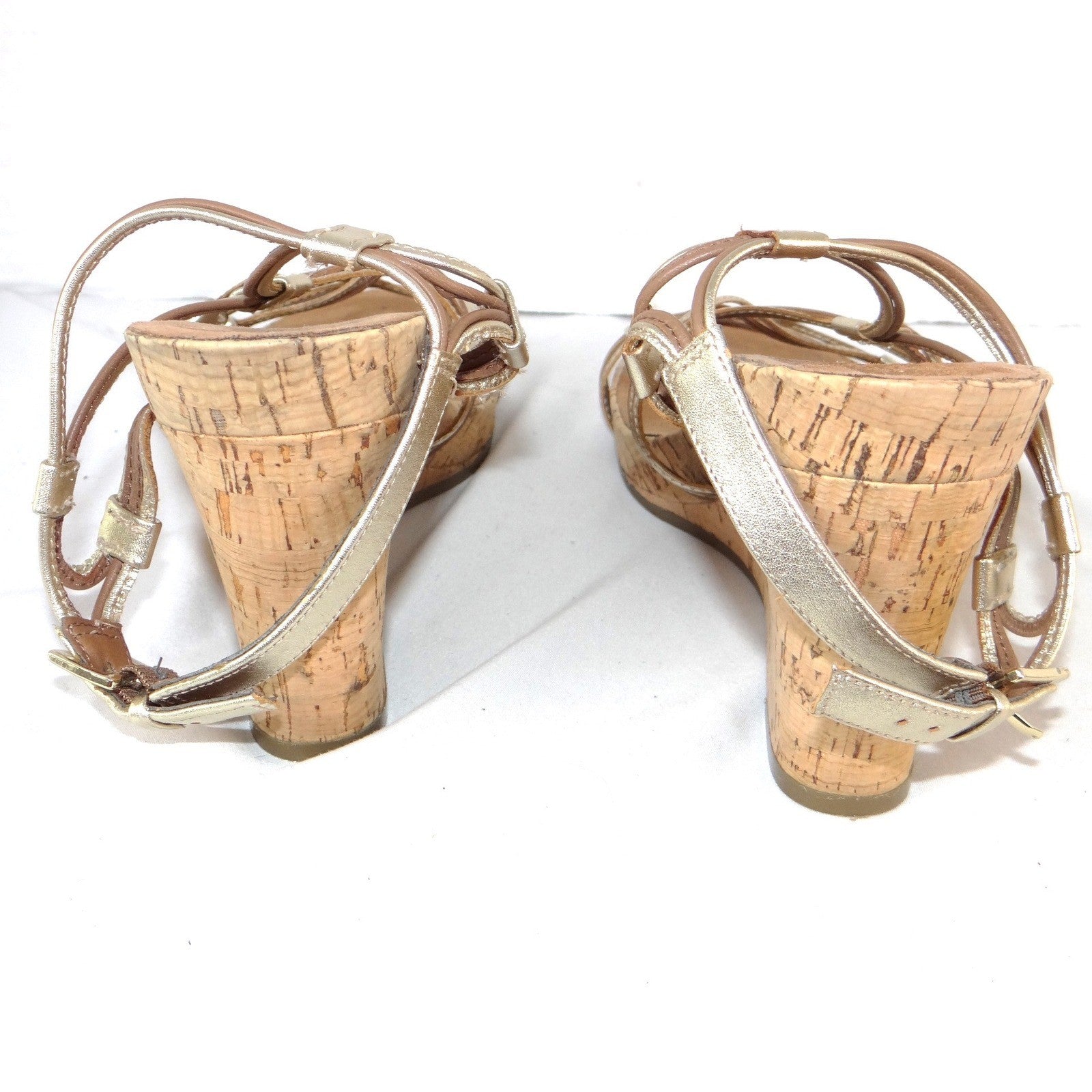 Aerosoles Womens Gold Metallic Strappy Cork Wedge Sandals Size 11