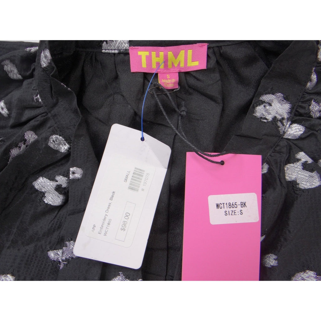NWT-THML Womens Black Silver Metallic Embroidery Tiered Mini Dress WCT1865-BK