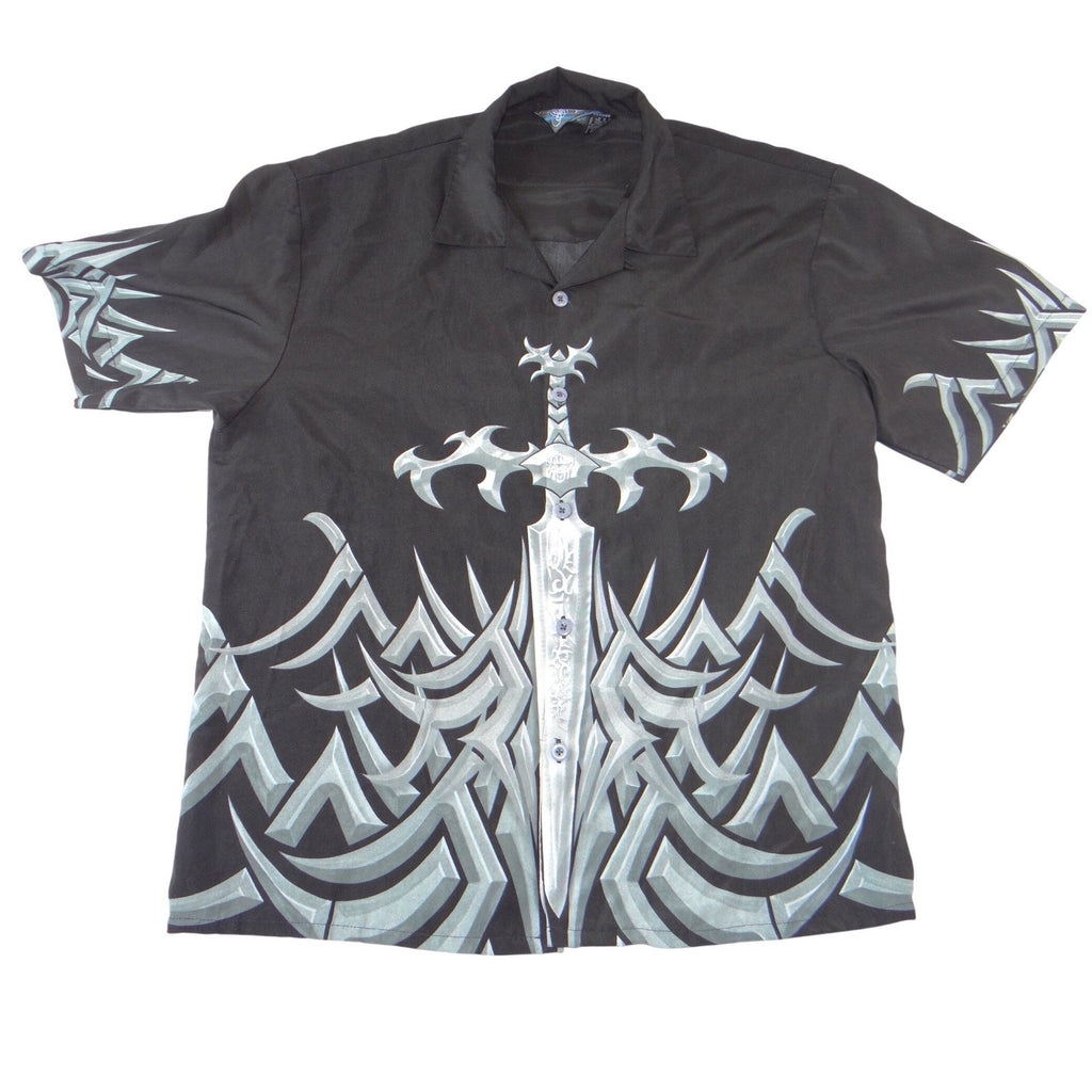 Sapphire Lounge Mens XL Black Silver Sword Tribal Graphic Button Down Shirt Y2K