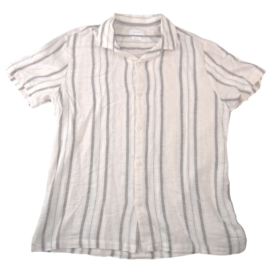Porter & Ash Mens Large Linen Blend Striped Short Sleeve Button Up Shirt Cream