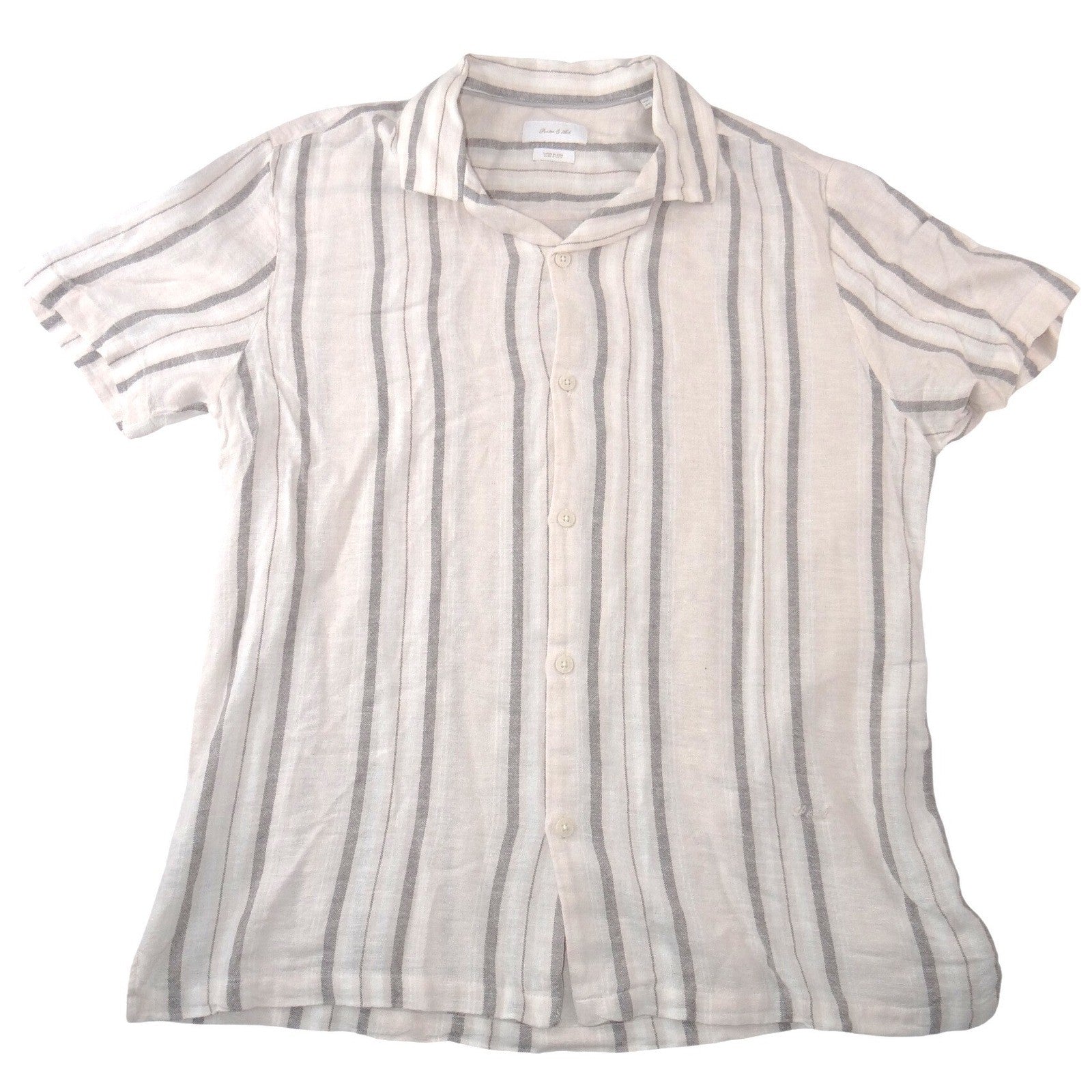 Porter & Ash Mens Large Linen Blend Striped Short Sleeve Button Up Shirt Cream