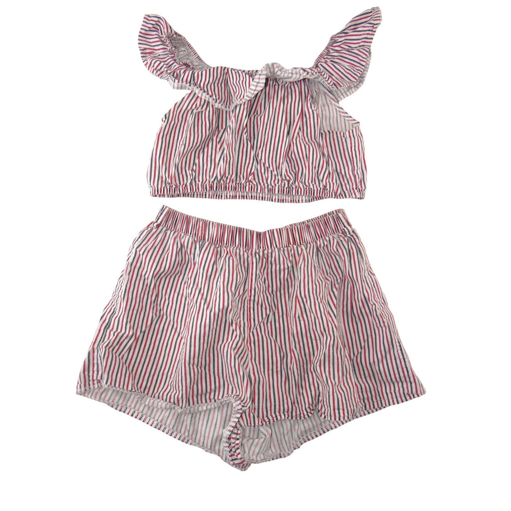 Red White Blue Striped 2 Piece Set Ruffle Crop Top and Shorts Americana Summer