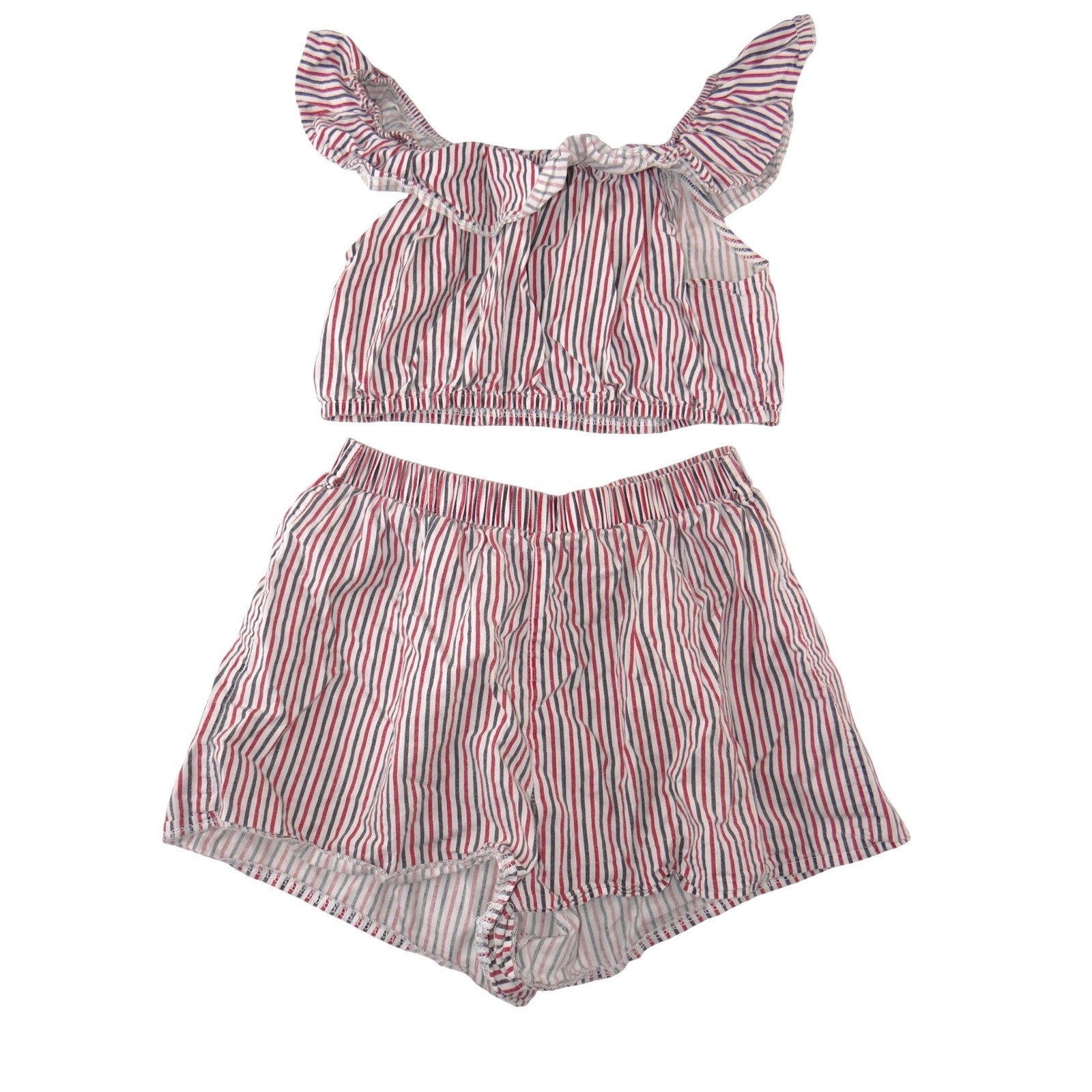 Red White Blue Striped 2 Piece Set Ruffle Crop Top and Shorts Americana Summer