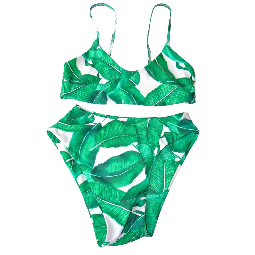 Unbranded Tropical Banana Leaf Print High Waisted Bikini Set Green White Medium