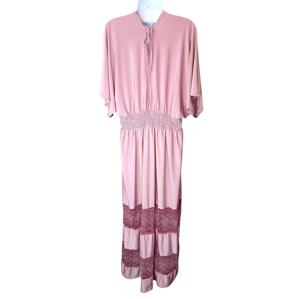 Vintage Pink Maxi Dress Butterfly Sleeves Smocked Waist Lace Trim Boho Flowy