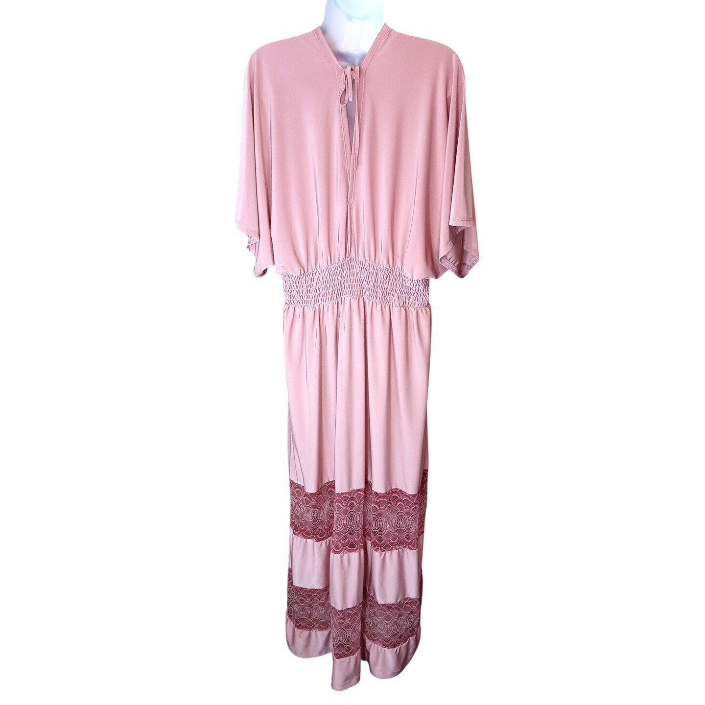 Vintage Pink Maxi Dress Butterfly Sleeves Smocked Waist Lace Trim Boho Flowy