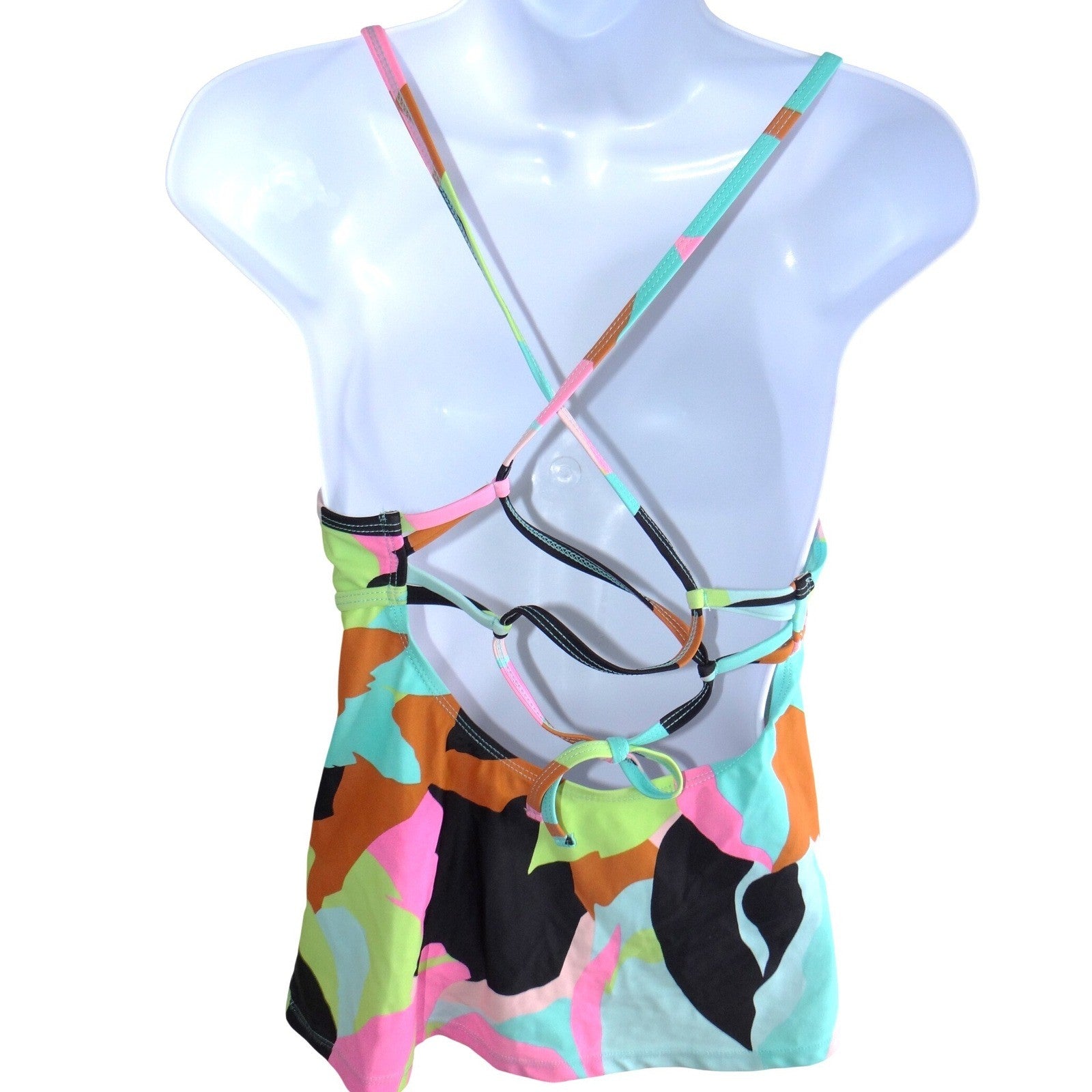 Hula Honey Womens Abstract Print Lace Up Strappy Back Tankini Top Multicolor L