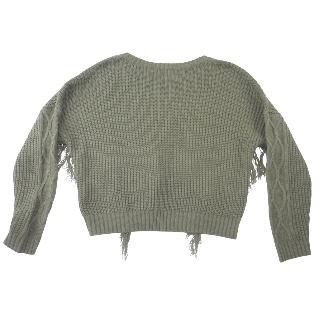 No Comment Womens Olive Green Cable Knit Fringe Sweater Crew Neck Pullover L