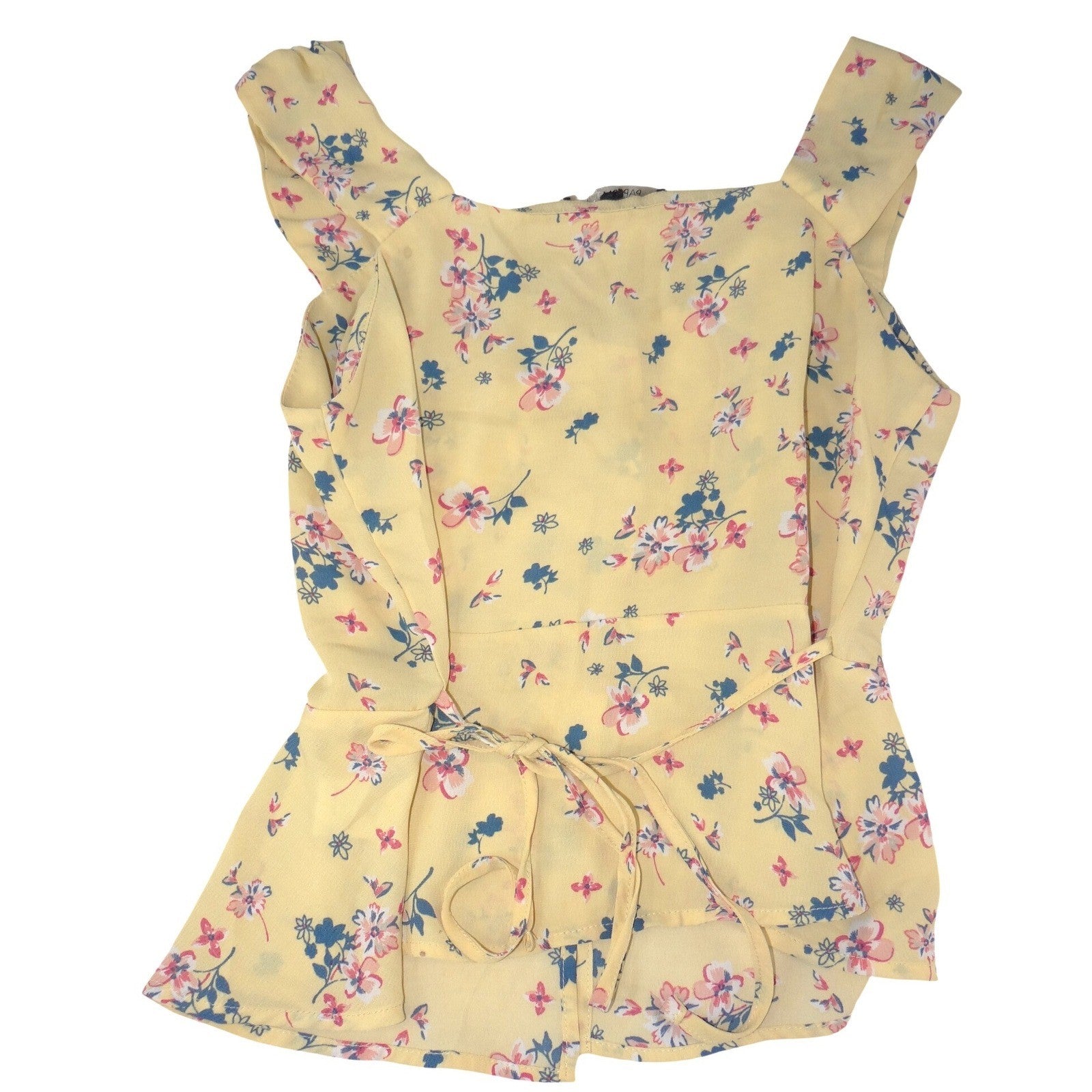 Papermoon Yellow Floral Peplum Blouse Sweetheart Neck Button Front Sleeveless M