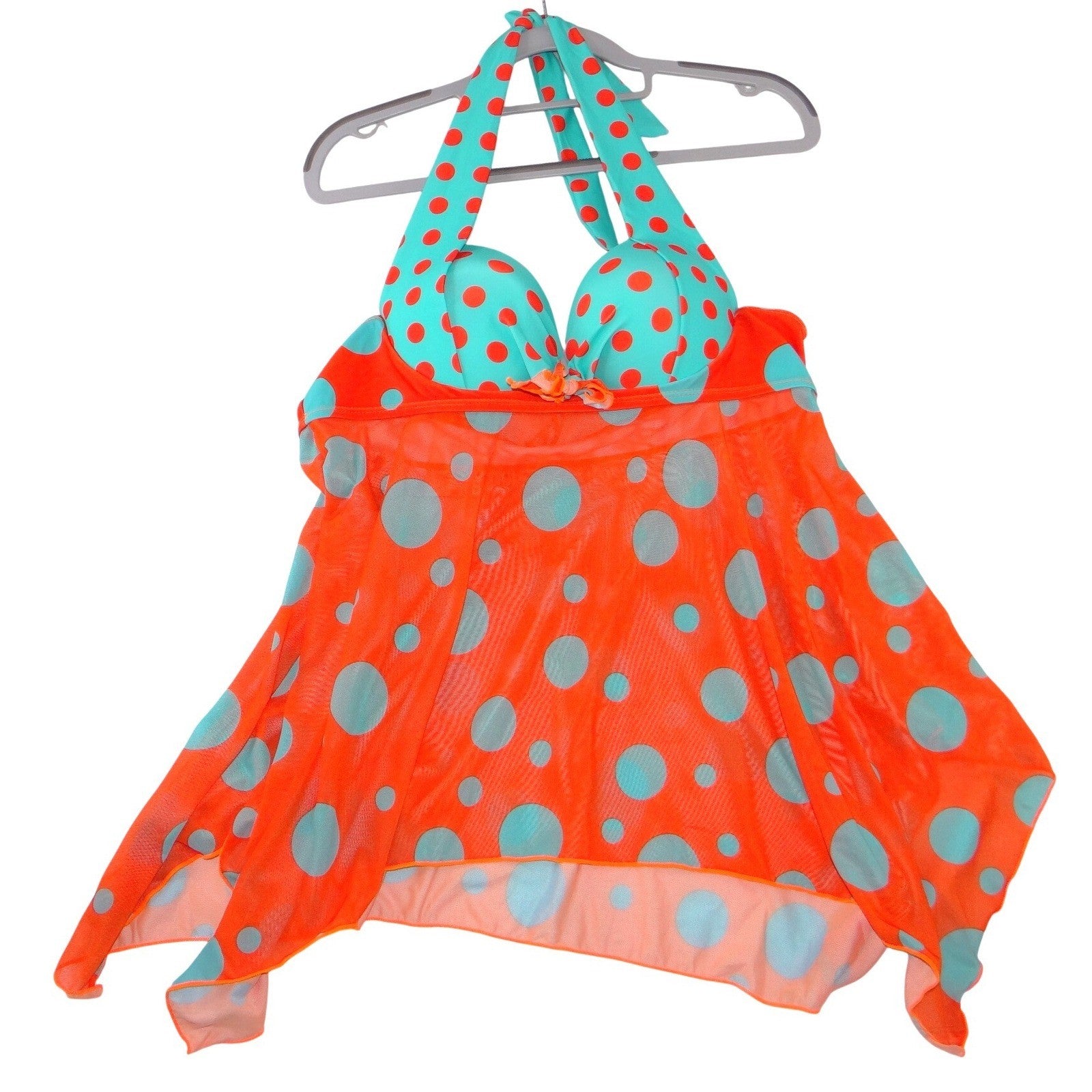 Orange Turquoise Polka Dot Halter Swim Dress Padded Mesh Handkerchief Hem Large
