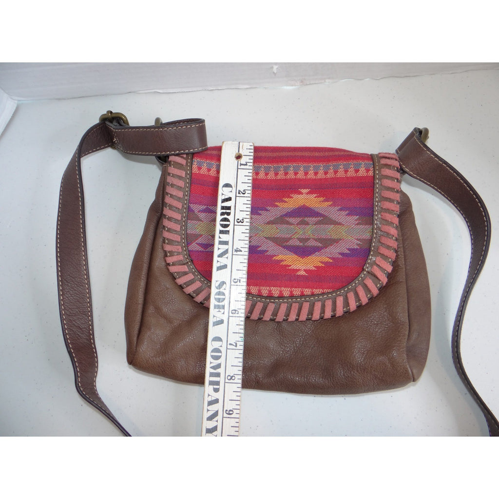 Brown Leather Southwestern Woven Flap Crossbody Bag Whipstitch Detail Boho