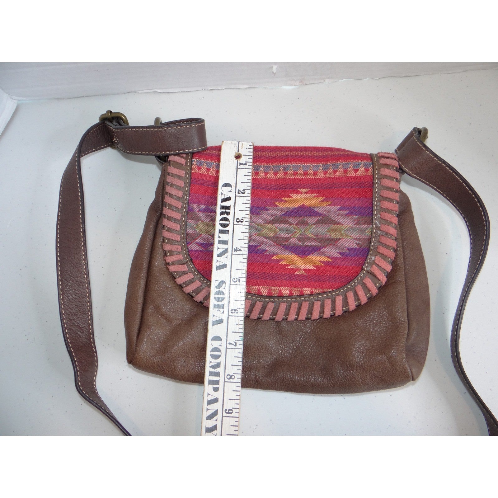 Brown Leather Southwestern Woven Flap Crossbody Bag Whipstitch Detail Boho