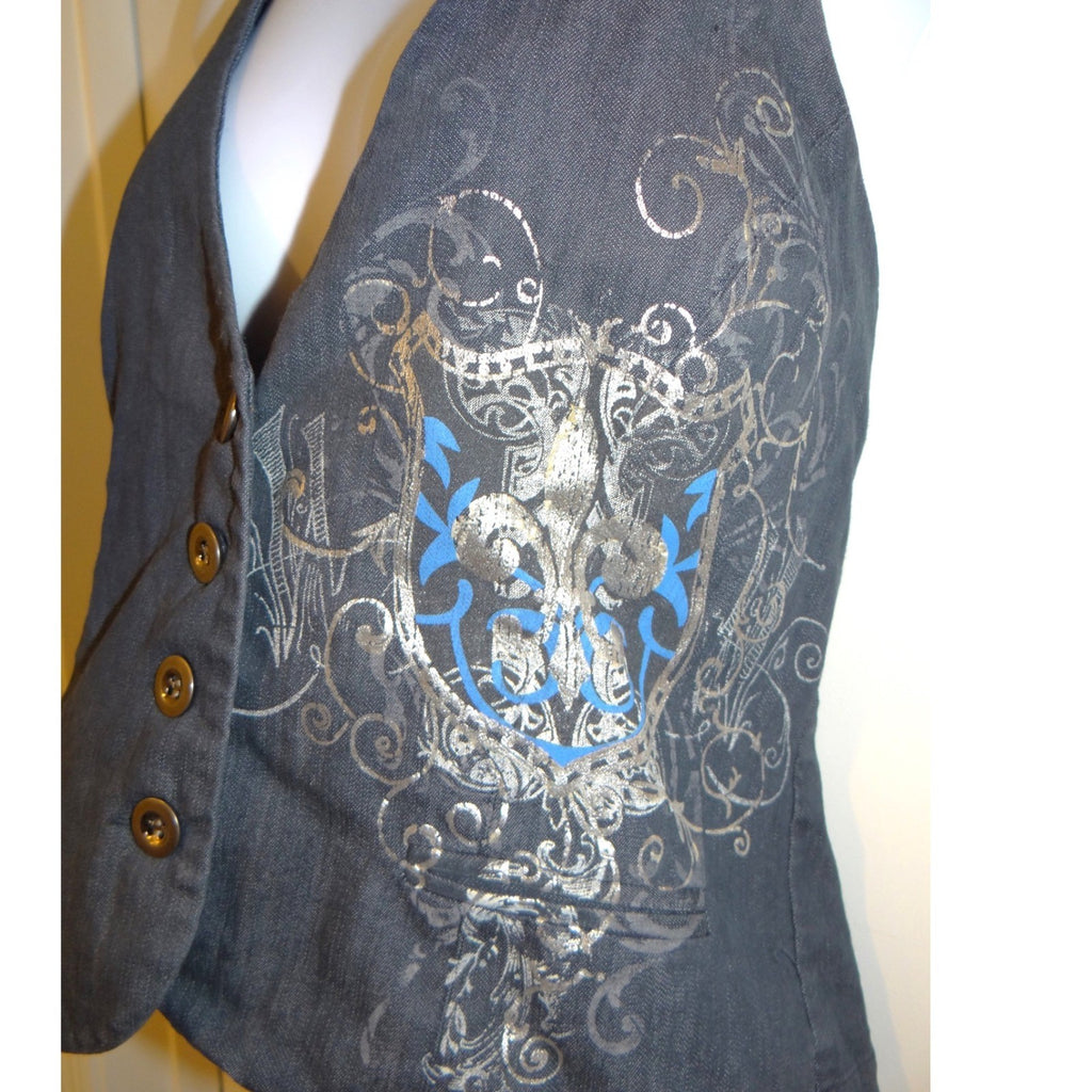 Y2k Womens Dark Wash Denim Halter Vest Fleur-de-lis Graphic Button Up Blue