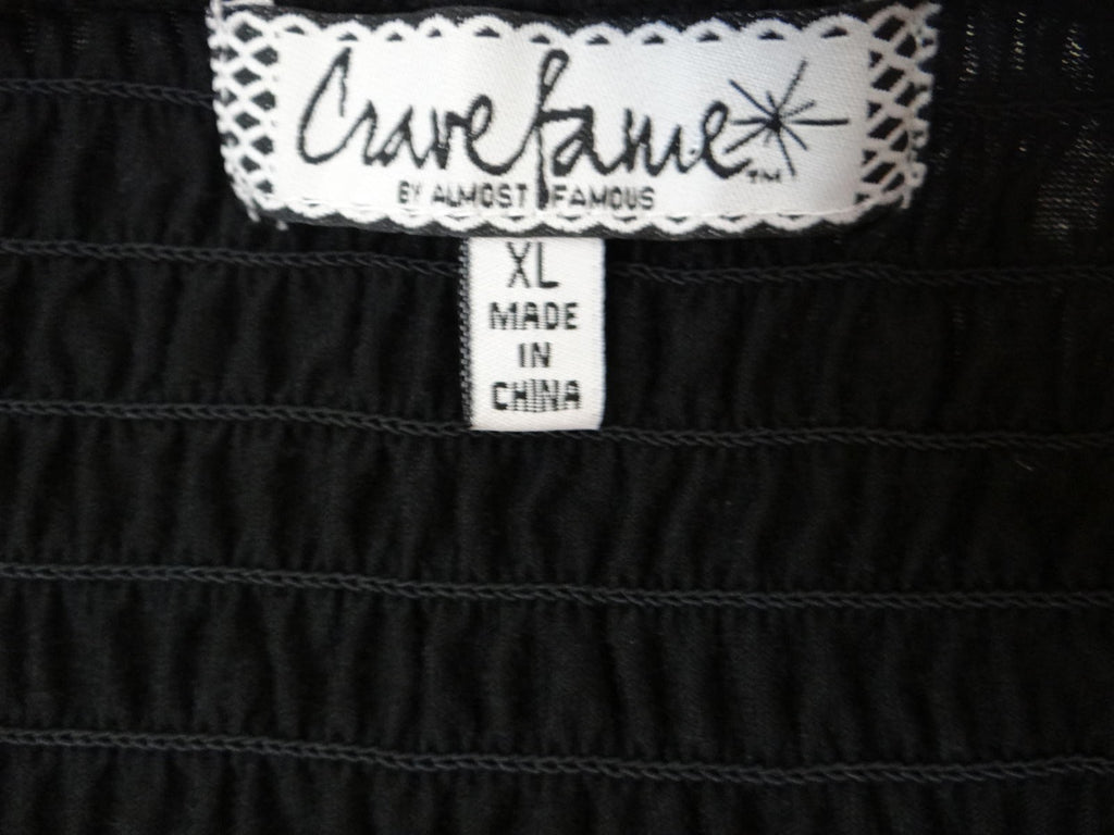Y2K Crave Fame Black Off-Shoulder Smocked Top with White Floral Embroidery XL