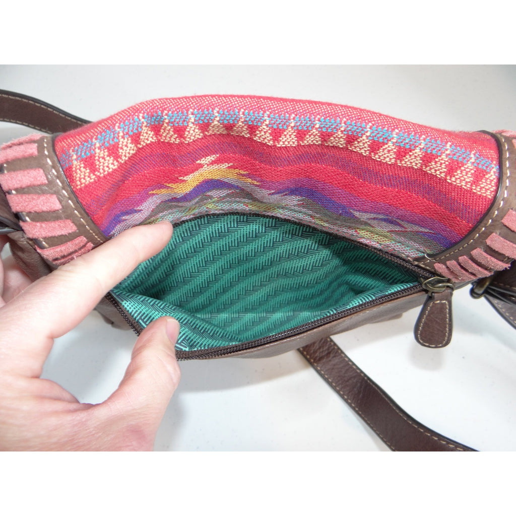 Brown Leather Southwestern Woven Flap Crossbody Bag Whipstitch Detail Boho