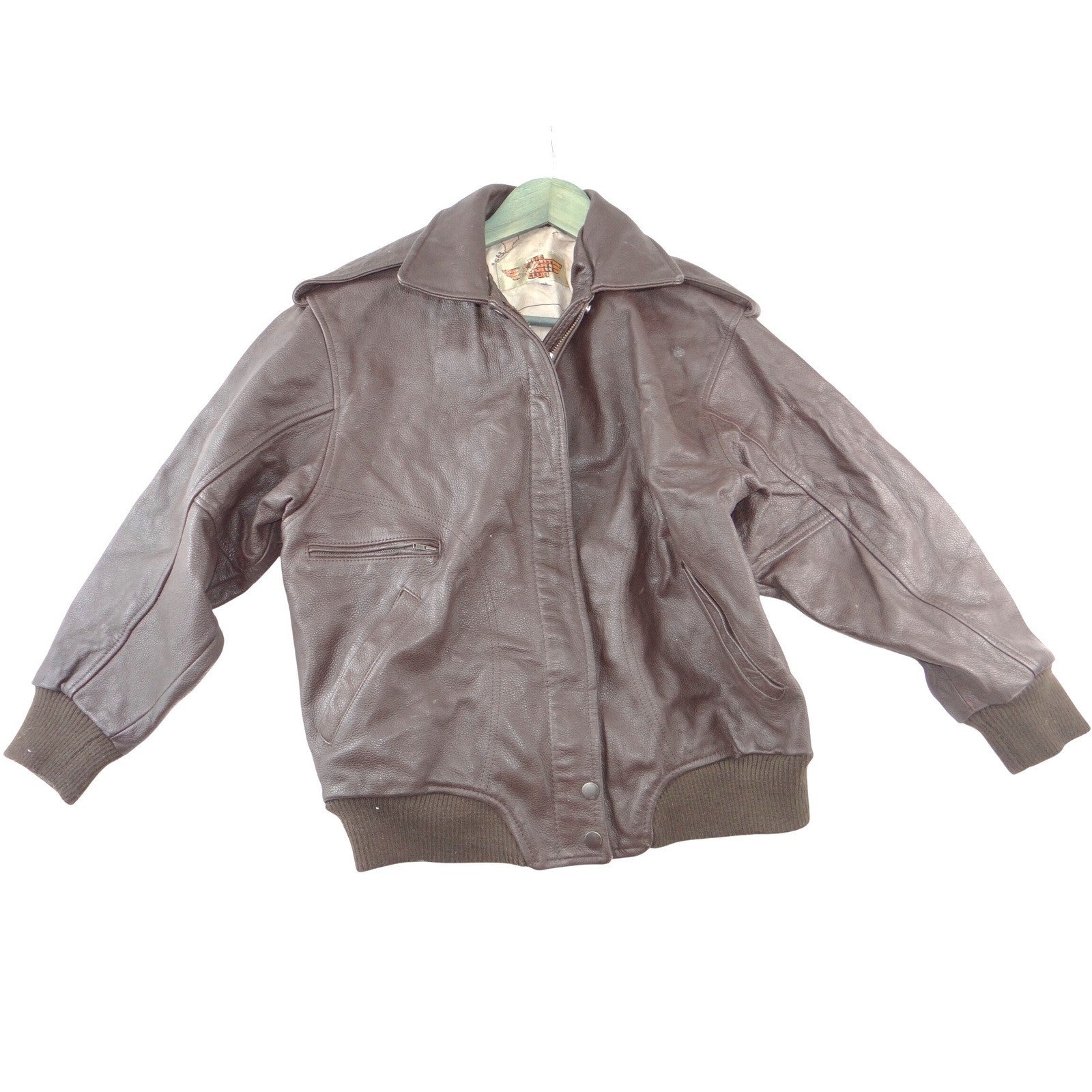 The Flight Club Mens Brown Leather Bomber Flight Jacket Map Lining Small